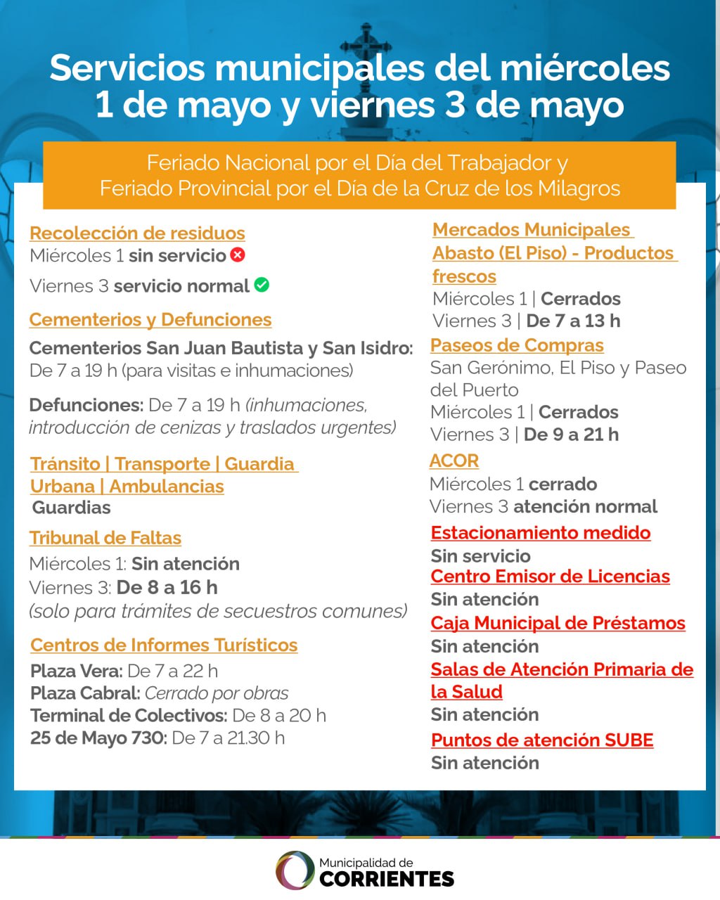 Así serán los servicios municipales para el 1 y 3 de mayo
